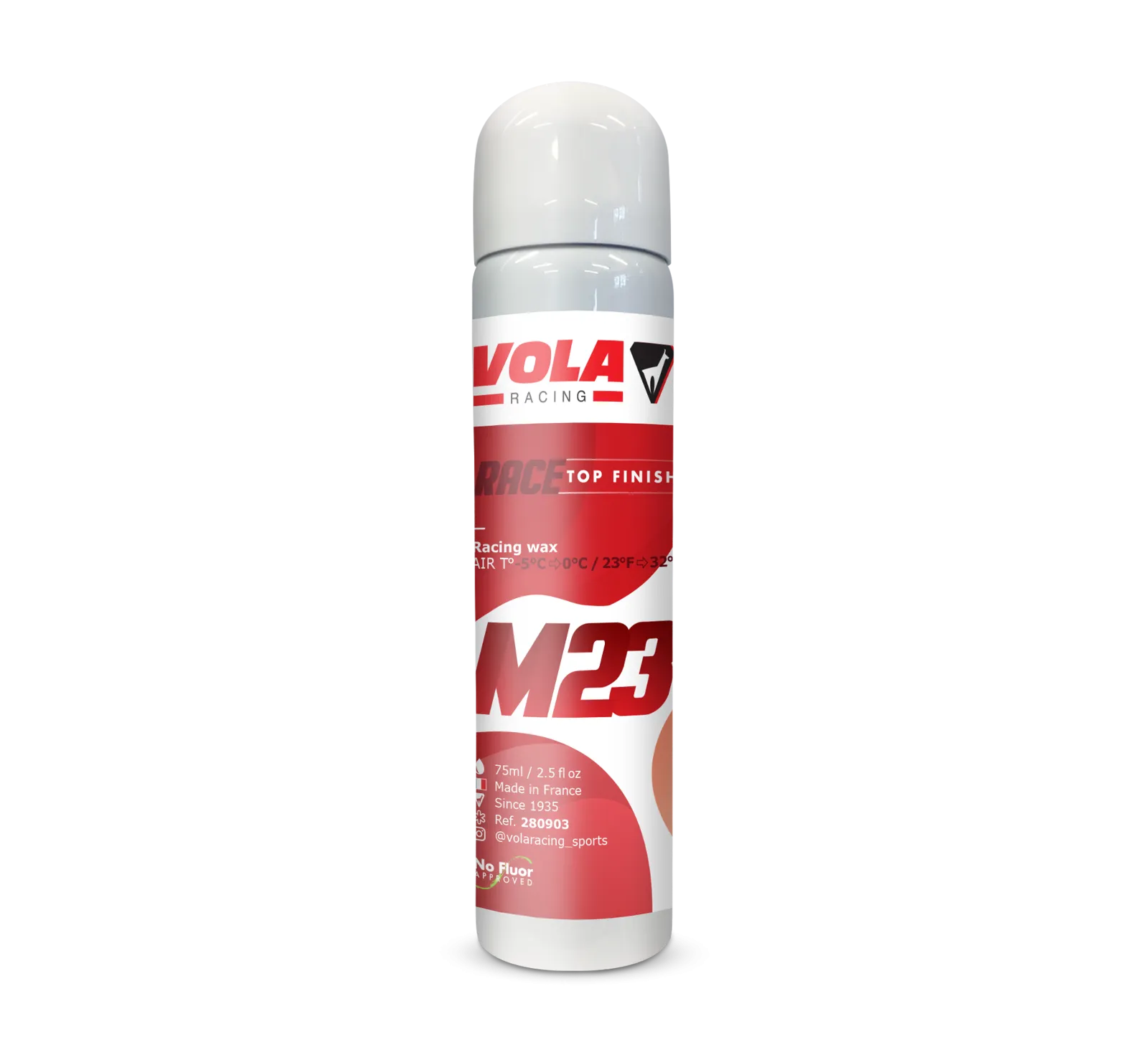 Bombe aérosol Vola M23-Race Top Finish, rouge-blanc, avec informations sur le produit.