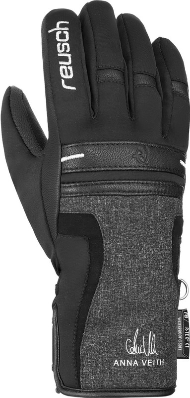 Schwarzer Reusch Skihandschuh "Anna Veith R-Tex XT" mit Logo und Unterschrift auf dem Handrücken. Wasserdicht und warm isoliert.