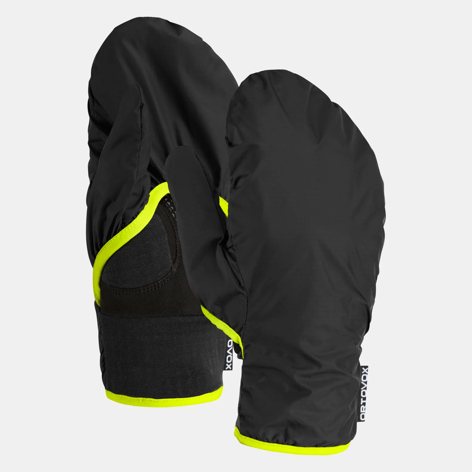 Ortovox Fleece gloves Two black Ortovox Fleece Grid Cover Gloves with yellow accents and Cover Hoody are shown against a light gray background.