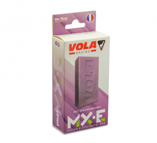 Verpackung des Vola MX-E no Fluor - 200 g - Violet Skiwachs, mit dem Wachsblock auf der Vorderseite.