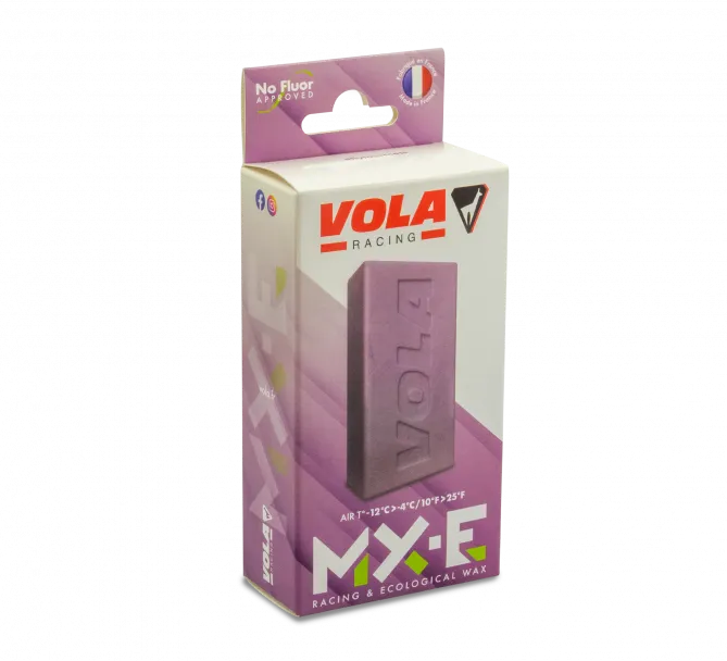 Packaging of the Vola MX-E no Fluor - 200 g - Violet ski wax, with the wax block on the front.