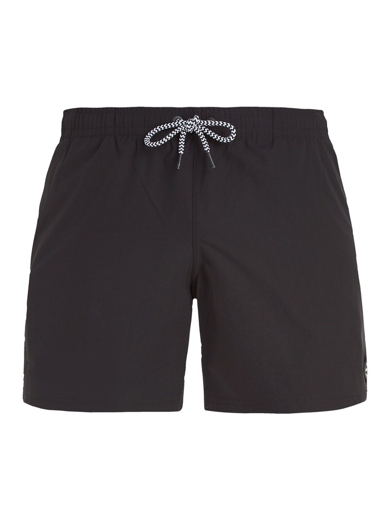 Schwarze PRTYESSINE Badeshorts mit elastischem Bund und Kordelzug. Kurze Länge, Taschen an den Seiten.