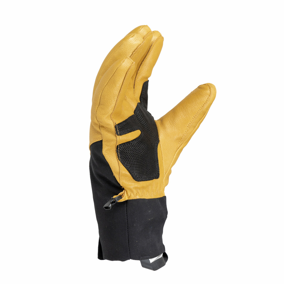 Vue détaillée Therm-ic Gant Freeride Ultra Heat, cuir marron clair, textile noir, fermeture éclair au poignet.