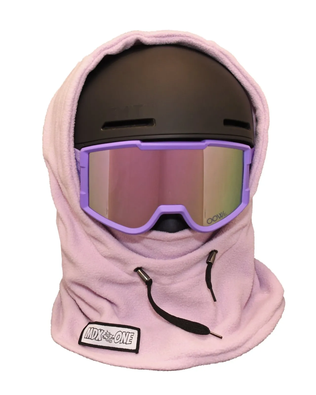 Light purple children's balaclava made of soft polar fleece, layered over a black ski helmet. Helmet-compatible design covers head and neck. Purple ski goggles with mirrored lenses. Drawstring with black cords at bottom front.
