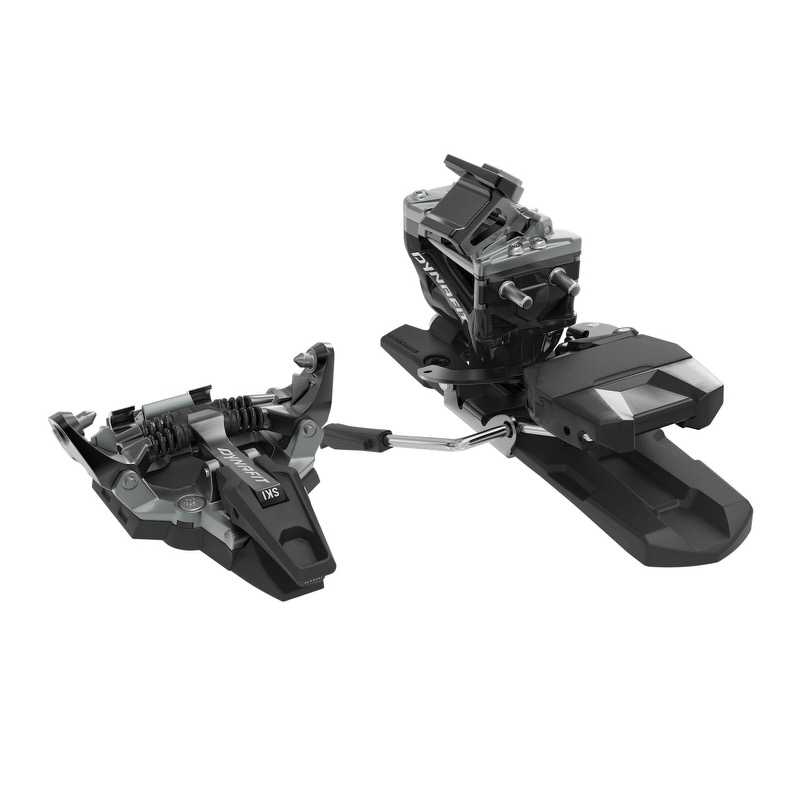 Schwarze Dynafit Radical Magnet Skitourenbindung, bestehend aus Vorder- und Hinterteil, verbunden durch einen silbernen Bügel.