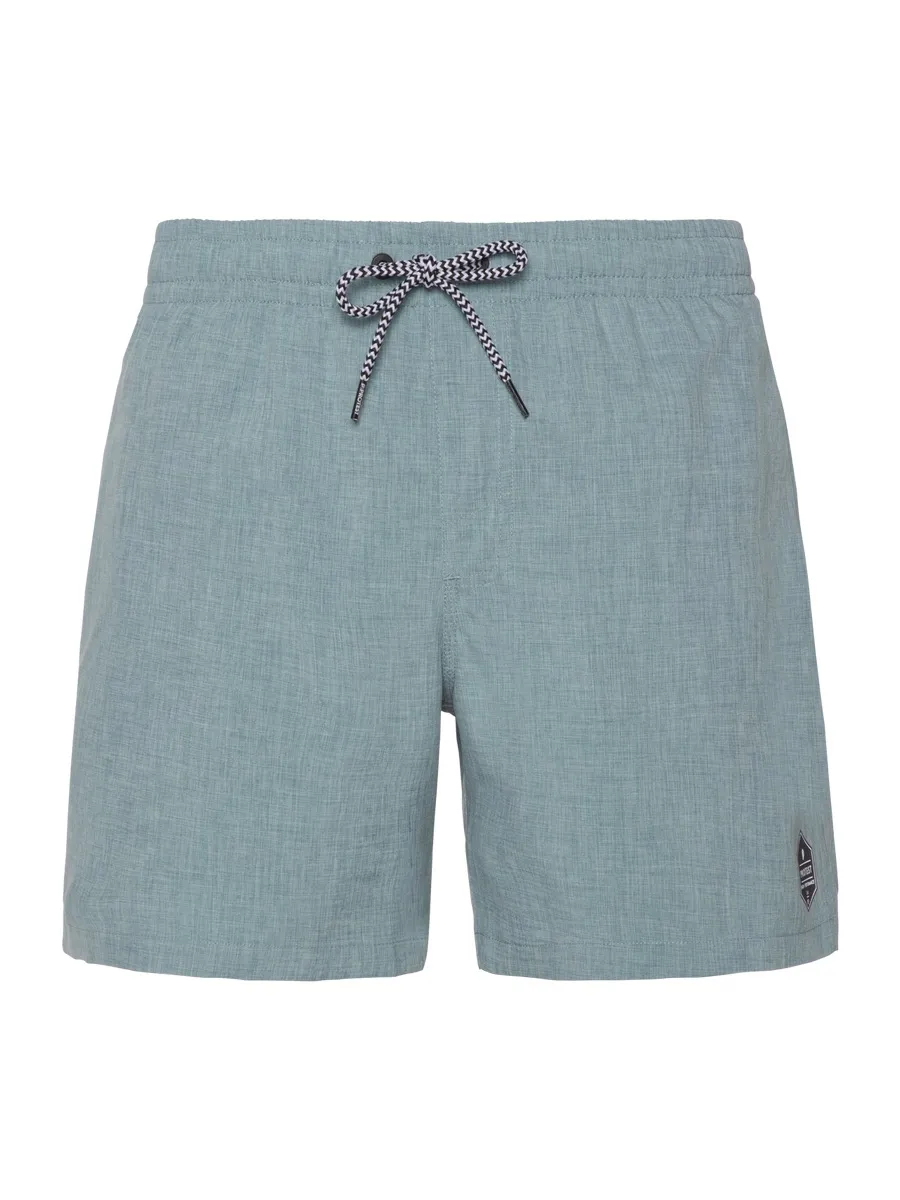 Light, turquoise-blue shorts with a dark cord and a small, dark logo patch on the right leg.
