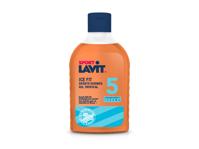Orangefarbene Sport-Lavit Ice Fit Tropical Duschgel-Flasche mit blauem Deckel. "Cooling Effect 5" ist aufgedruckt.