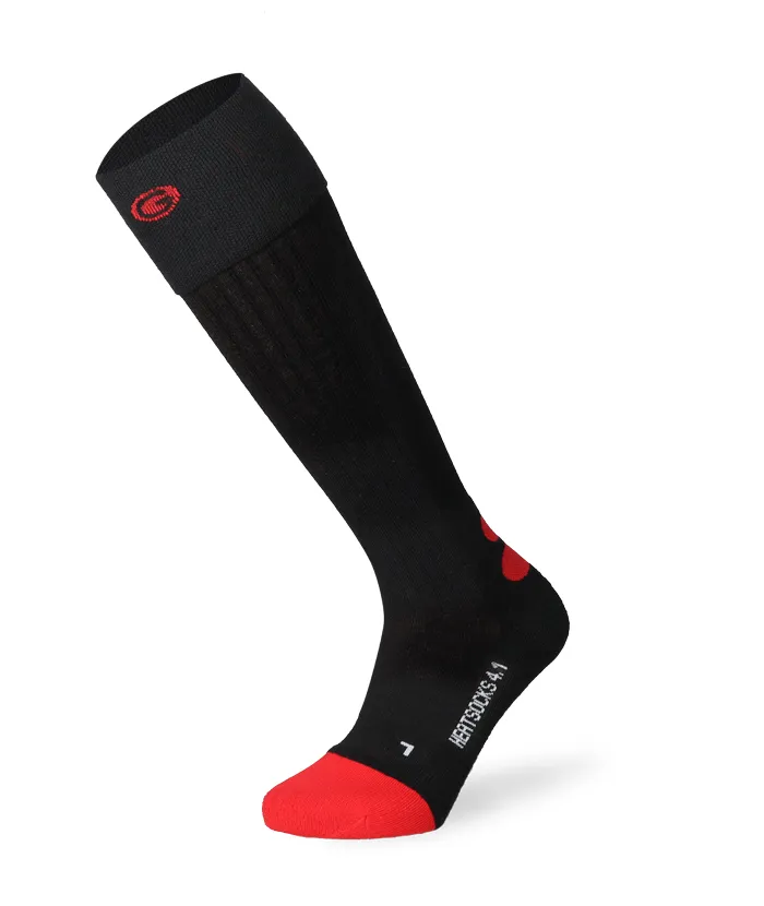 A long, black sock with a red toe cap stands upright, slightly curved. There is a logo on the shaft.