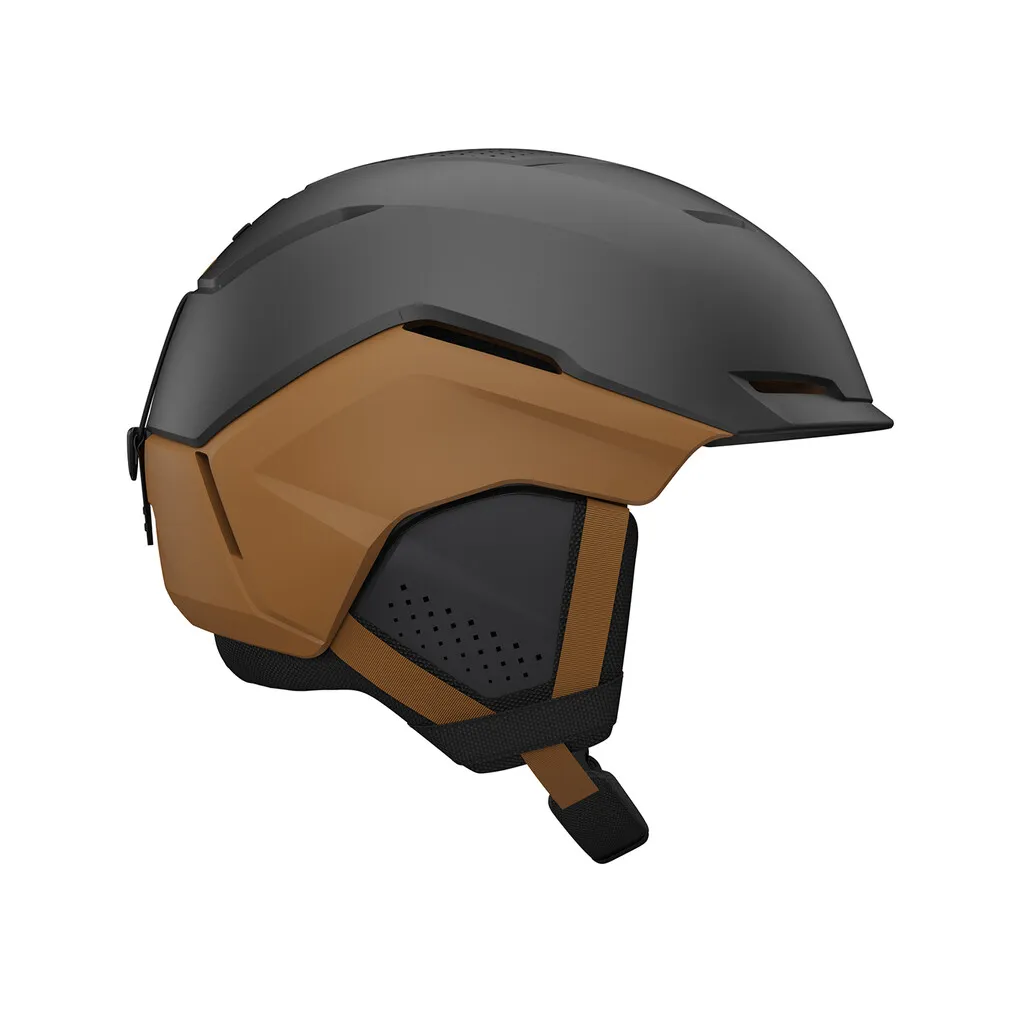 Detailansicht des Giro Tenet MIPS Skihelms in Metallic Coal/Tan, der die Hybrid-Konstruktion zeigt.