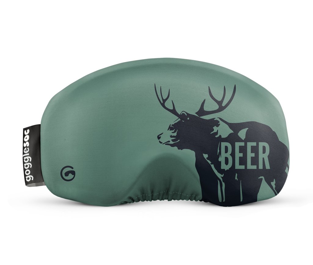 Grüne Beer Soc Schutzhülle für Skibrille mit Bären- und Hirschgeweih-Motiv, Schriftzug "BEER".
