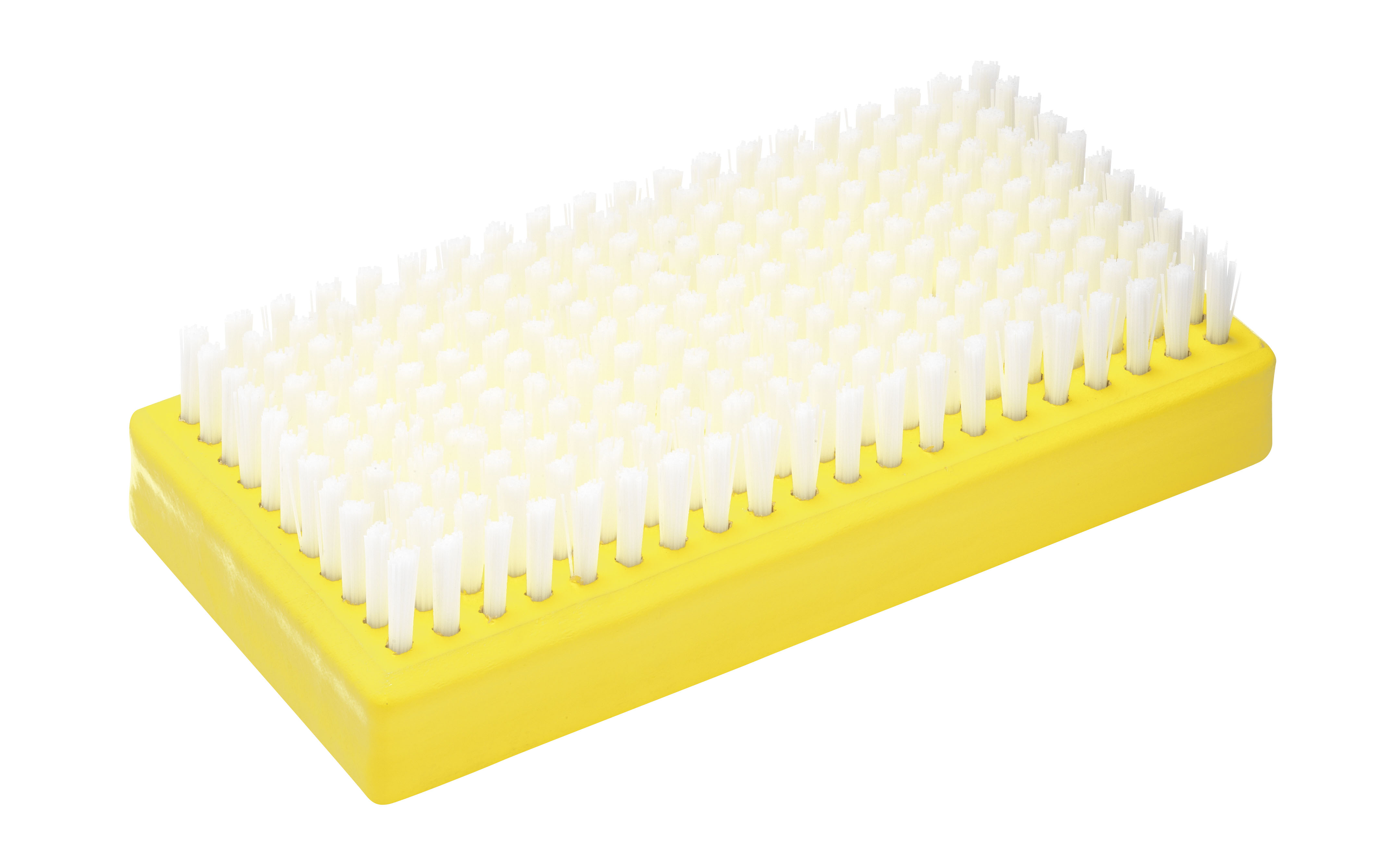 Brosse à ski jaune Brosse rectangulaire jaune à poils blancs, inclinée d'en haut. Accessoire pour les skis de fond du kit de démarrage Toko.