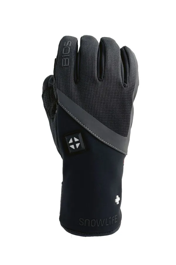 Black Snowlife BIOS Heat DT glove, front, with control button and brand logo.