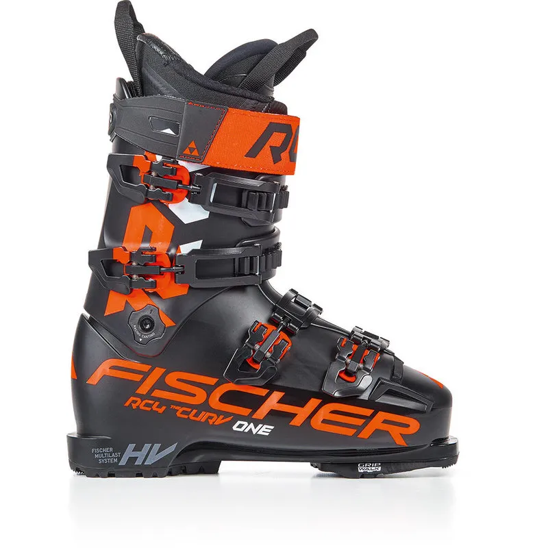 Black Fischer RC4 The Curv 120 ski boot, side view, with orange accents and buckles.