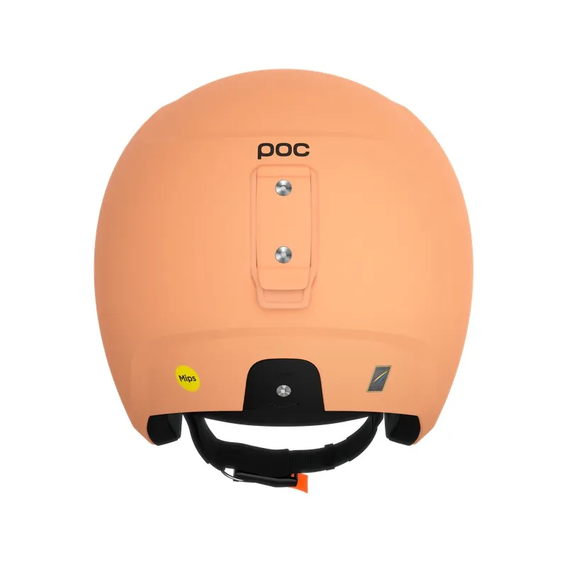 A peach-colored ski helmet from behind, with POC logo, fastening element and black chin strap.