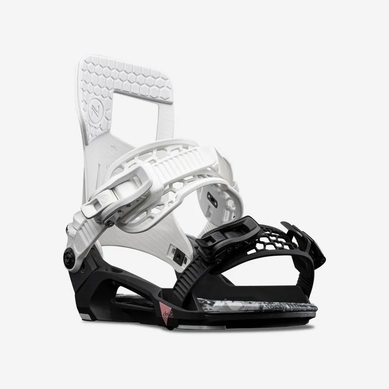 Oblique view of a Nidecker Kaon-W snowboard binding in white and black, with detailed straps and highback design.