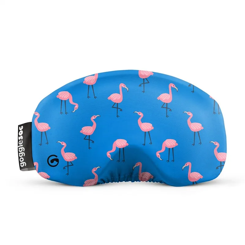 Custodia per occhiali Goggle Soc blu con motivo a fenicotteri rosa. Logo gogglesoc sul lato.
