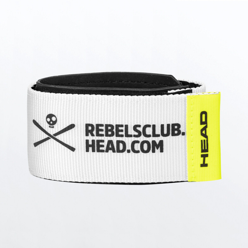 Head Rebels Skifix Weiß Aufgerolltes, weißes Head Rebels Skifix mit gelbem Head-Logo und Totenkopf-Motiv.