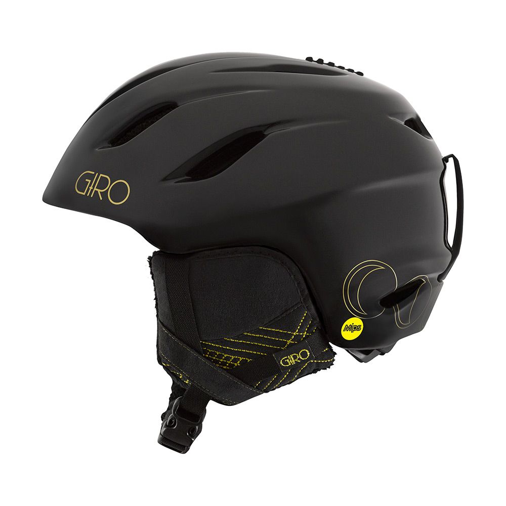 Schwarzer Skihelm von Giro, Modell Era Mips, mit goldenen Logos und Akzenten, seitliche Ansicht.
