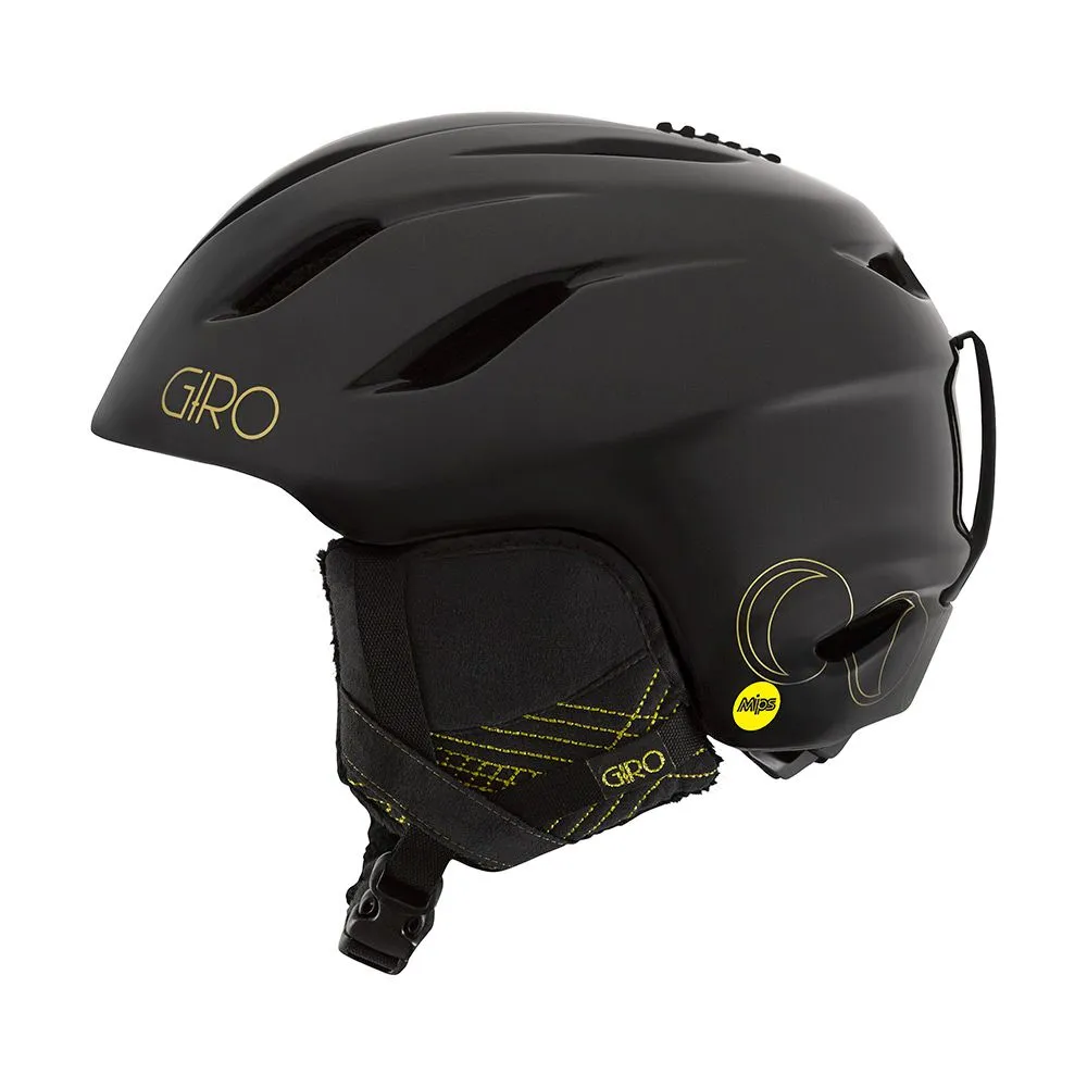 Black ski helmet from Giro, model Era Mips, with golden logos and accents, side view.
