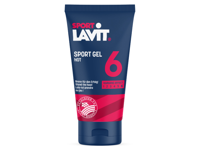 Sport Lavit Hot Gel Tube bleu foncé Sport Lavit Hot Gel avec détail rouge, indiquant un fort effet de chaleur.