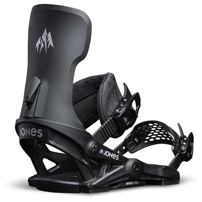 Fixation de snowboard noire Fixation de snowboard noire Jones Meteorite avec tige haute et sangle sur le côté.