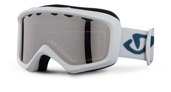 Skibrille Giro Charm Women Matte White mit grauer Linse und weißem Rahmen, sowie weißem Band.