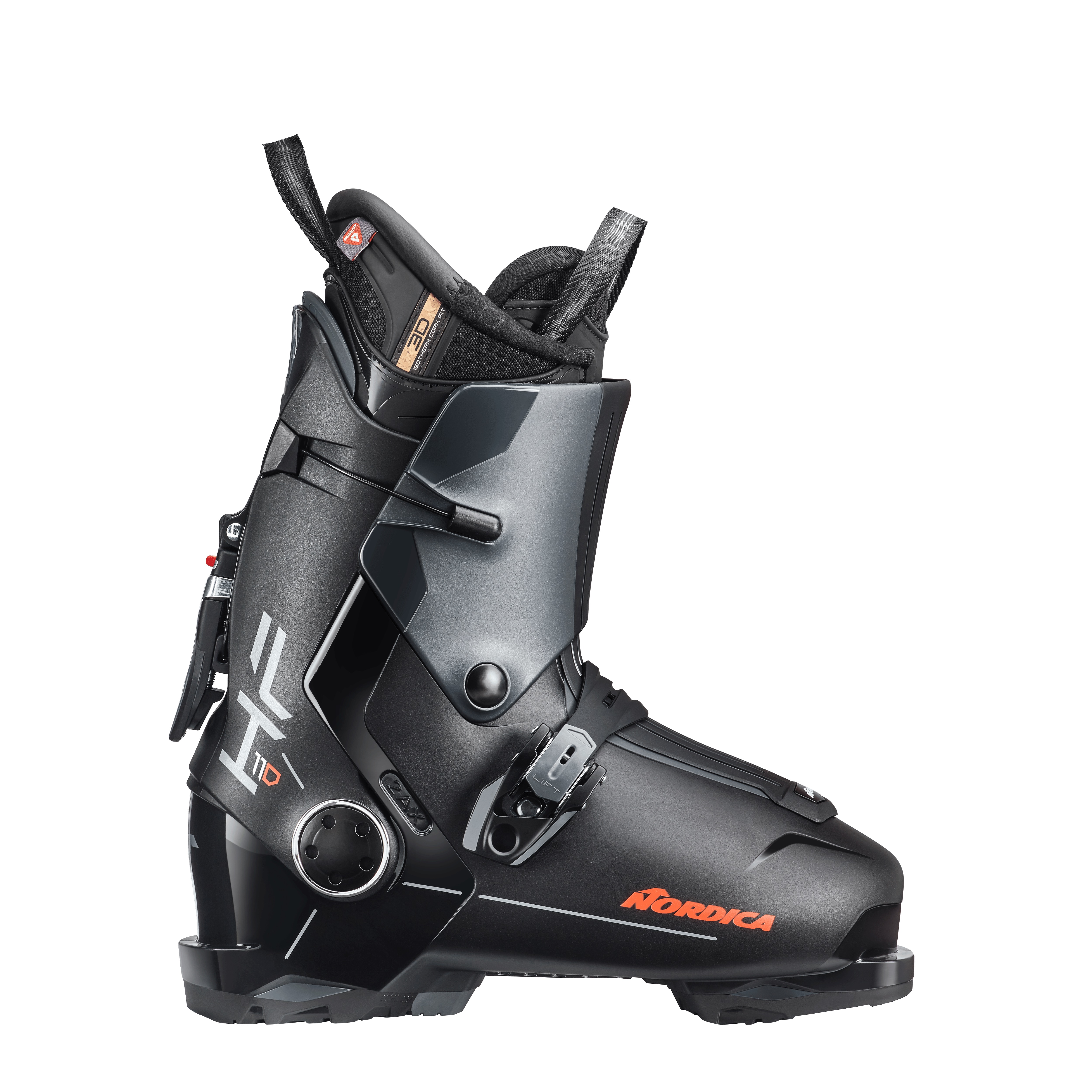 Schwarzer Nordica HF 110 GW Skischuh, seitliche Ansicht. Details: Schnalle, Innenschuh, "HF 110" Aufdruck.