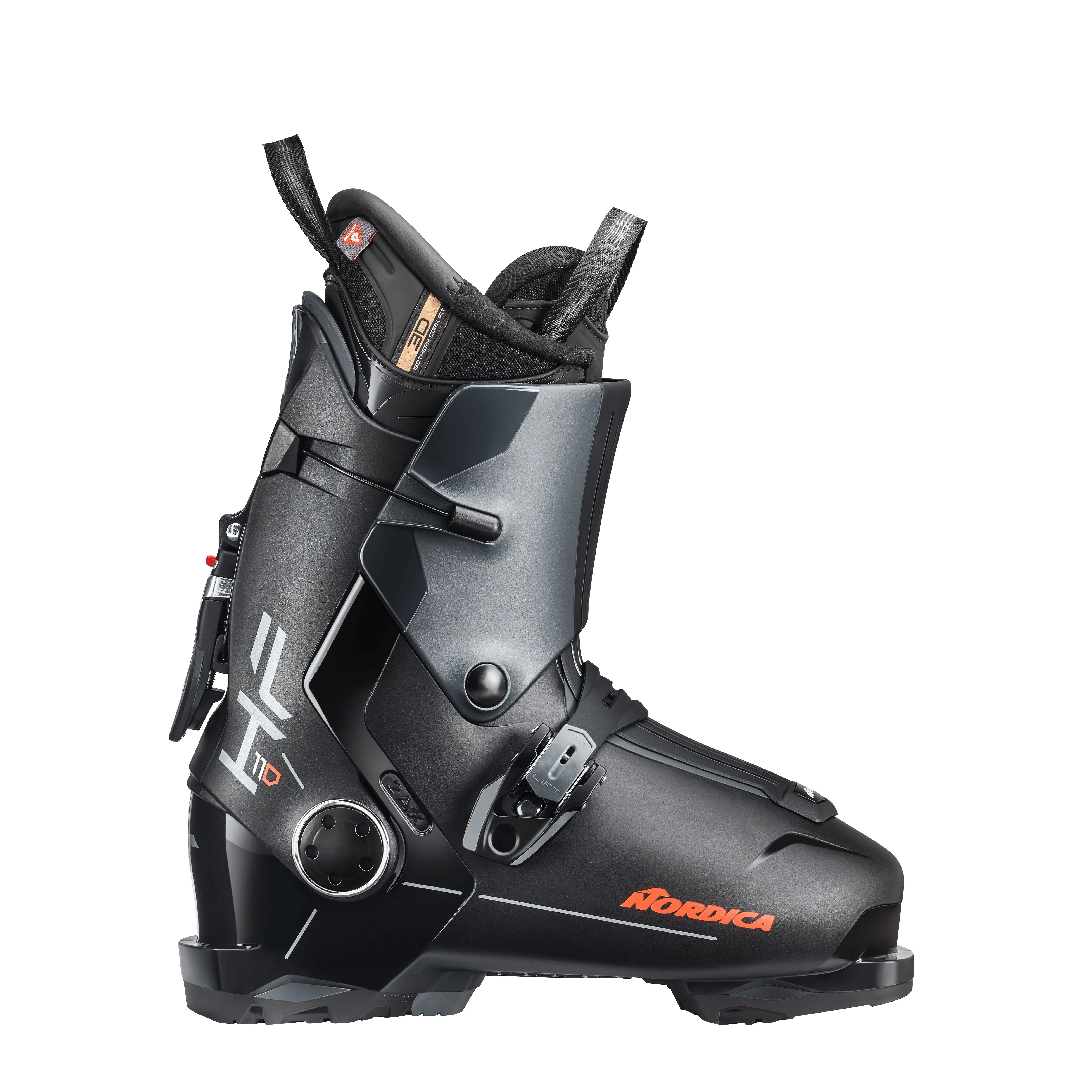 Black Nordica HF 110 GW ski boot, side view. Details: buckle, inner boot, "HF 110" print.
