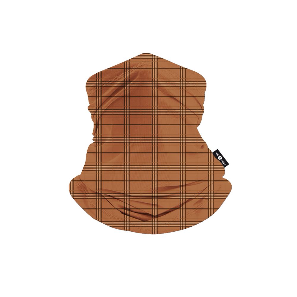 Braun karierter Maskenschal, ein Schlauchtuch mit eingenähtem, elastischem Band zur Nutzung als Mund-Nasen-Schutz.