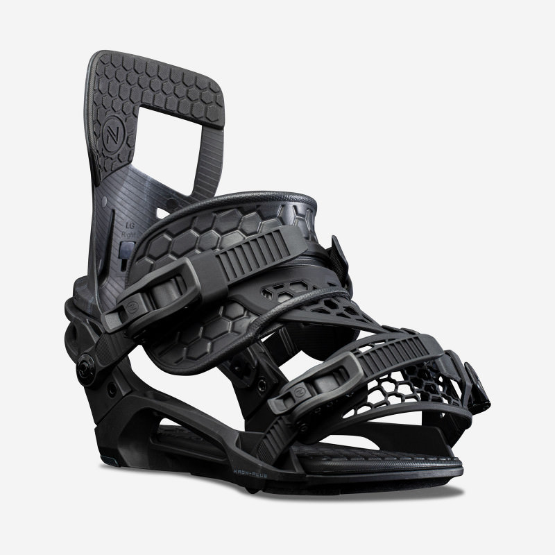 Nidecker Fixation de snowboard Kaon Plus Fixation de snowboard noire Nidecker Kaon Plus avec sangles et boucles, vue latérale sur fond blanc.