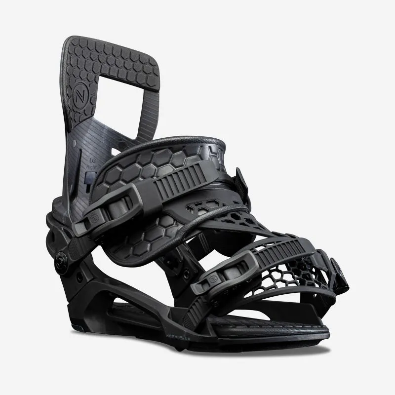 Black snowboard binding Nidecker Kaon Plus with straps and buckles, side view against a white background.