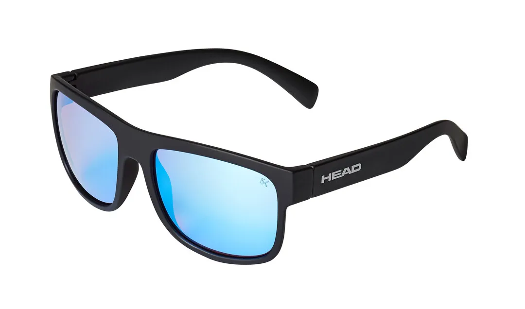 Black Head sunglasses with blue mirrored 5K lenses, engraved logo on the side.