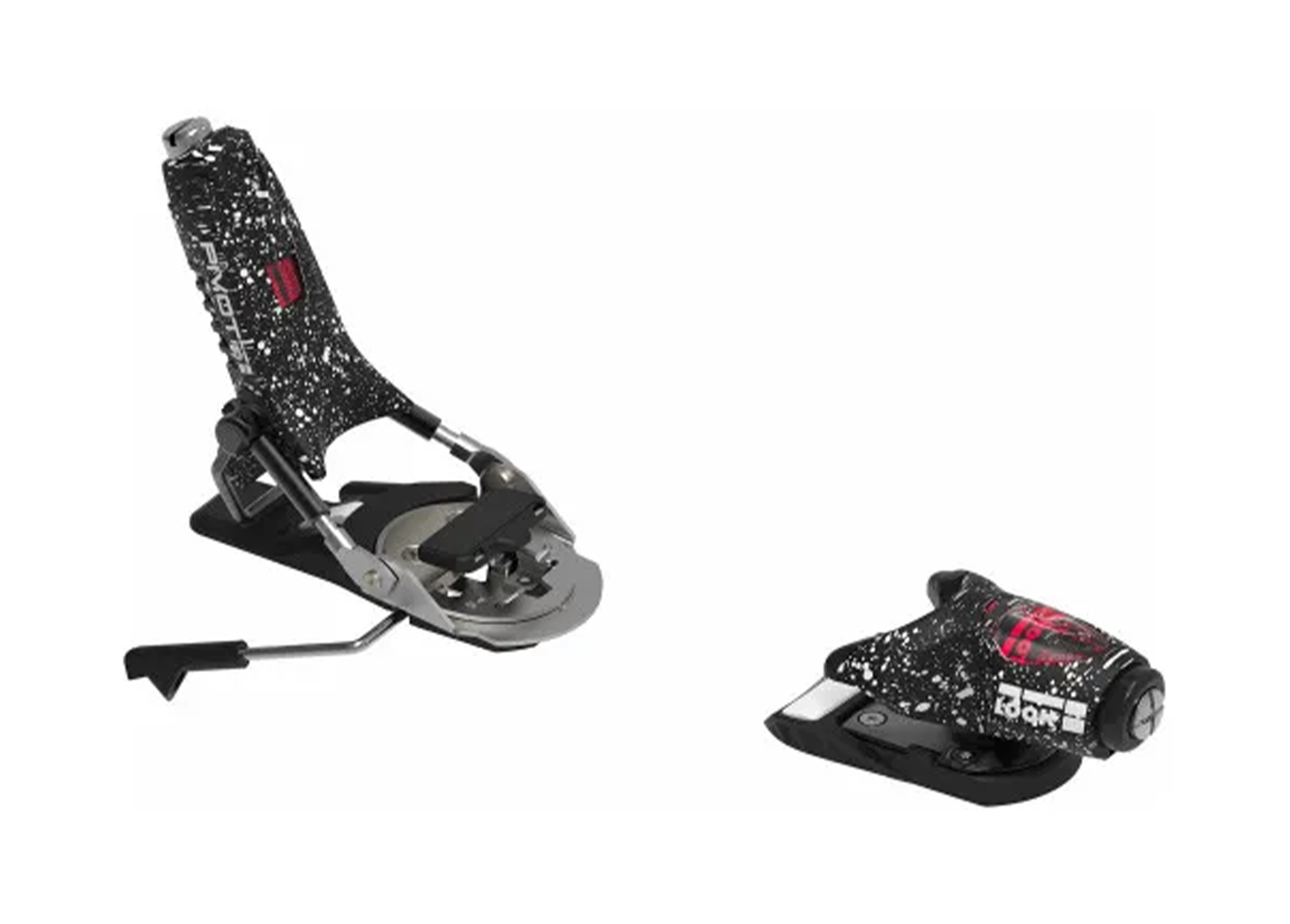 Pivot 15 GW Sender Bindung Schwarz-weiße Look Pivot 15 GW Sender Signature Skibindung im Set, schräg von oben fotografiert.