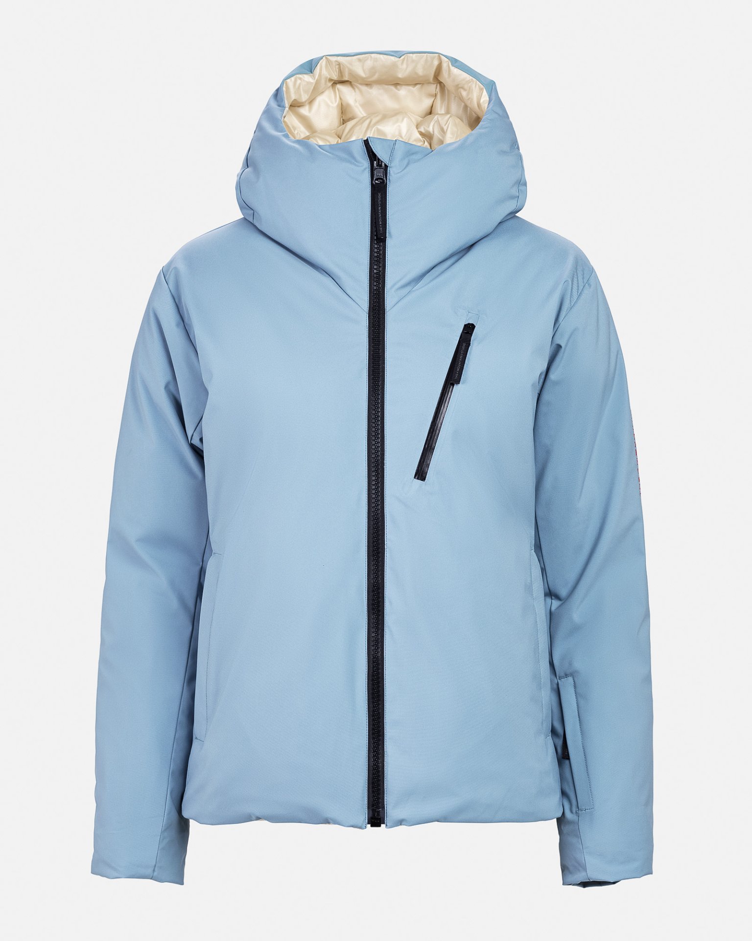 Hellblaue Daunenjacke Hellblaue Daunenjacke mit Kapuze und schwarzem Reißverschluss, Frontansicht.