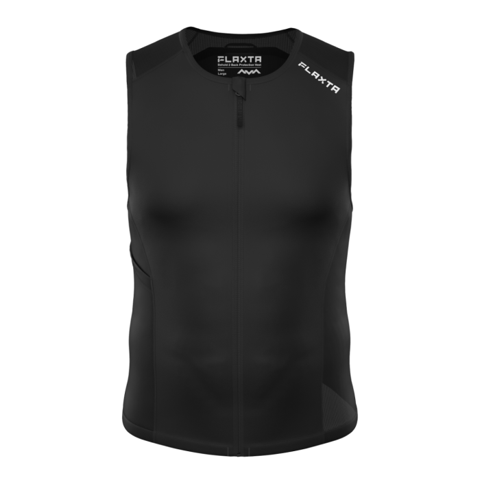 Gilet de sport noir sans manches avec fermeture éclair et logos blancs.