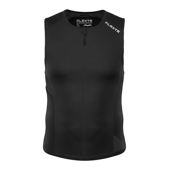 Black, sleeveless sports vest with zipper and white logos.