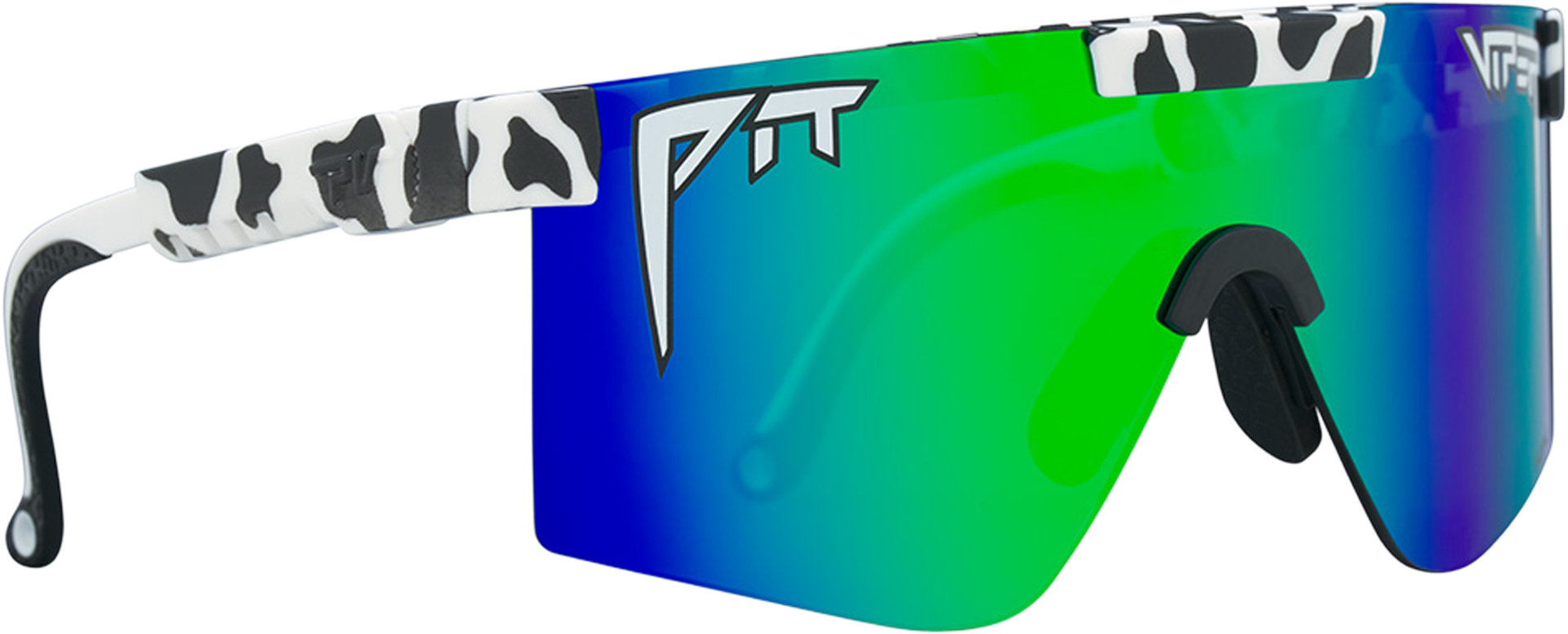Sonnenbrille mit Kuhfellmuster am Gestell und farbverlaufenden Gläsern in Blau, Grün und Violett.