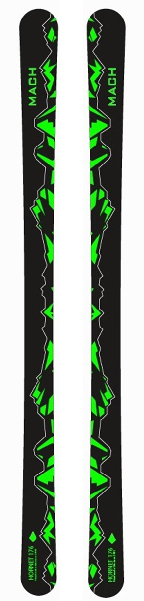 L'immagine mostra un paio di sci MACH Hornet Twin Tip con grafica verde su sfondo nero.