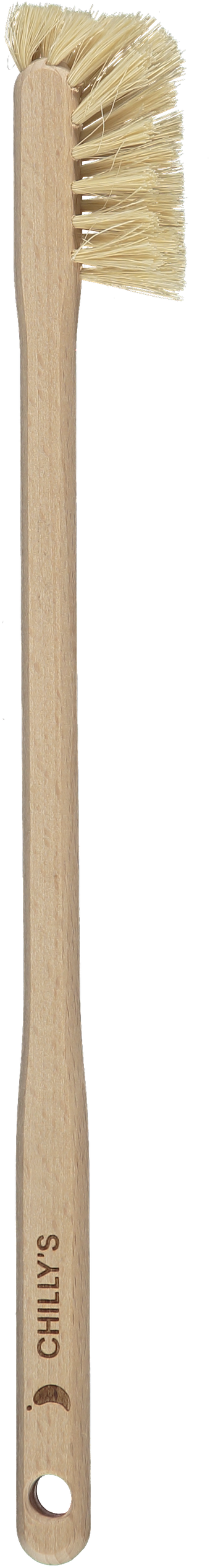 Light-colored Chillys brush with wooden handle and light-colored bristle head, for bottle cleaning.