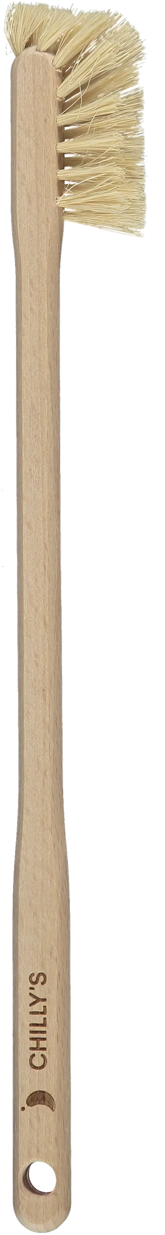 Light-colored Chillys brush with wooden handle and light-colored bristle head, for bottle cleaning.