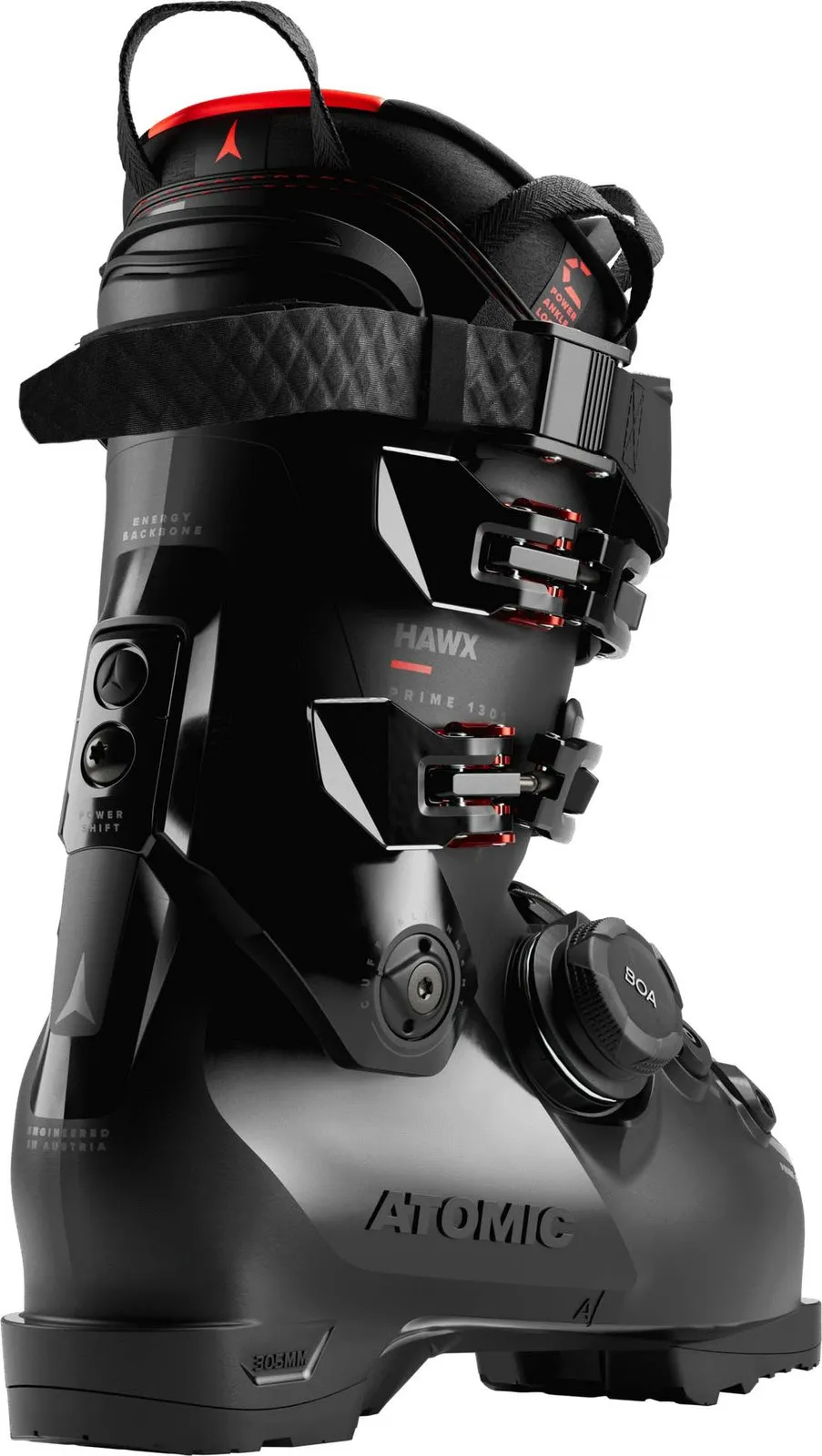 Scarpone Atomic Ski nero, modello Hawx Prime 130, con accenti rossi e varie opzioni di regolazione.