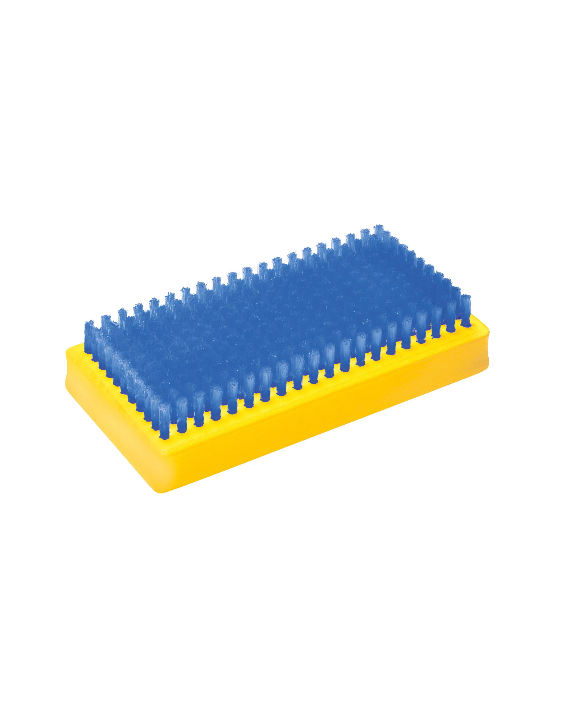 Blaue Borsten Bürste Gelbe, rechteckige Bürste mit dichten, blauen Borsten auf einer weißen Oberfläche.