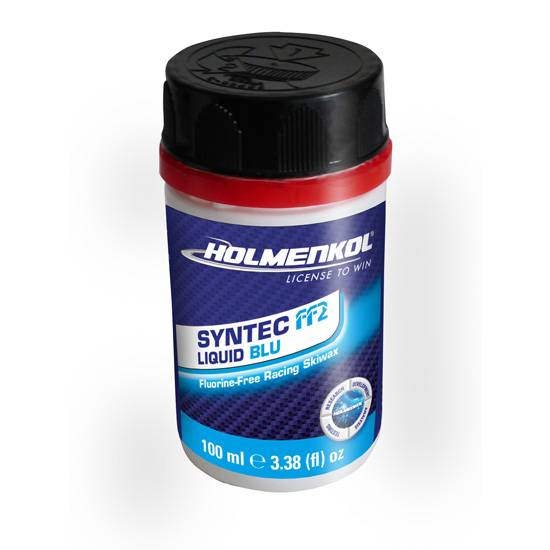 Holmenkol Syntec FF2 Liquid Blue Wachs in weißer Flasche mit blauem Etikett und schwarzem Deckel.