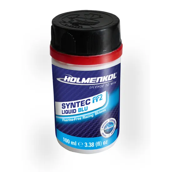 Holmenkol Fart Syntec FF2 Liquid Blue en bouteille blanche avec étiquette bleue et bouchon noir.
