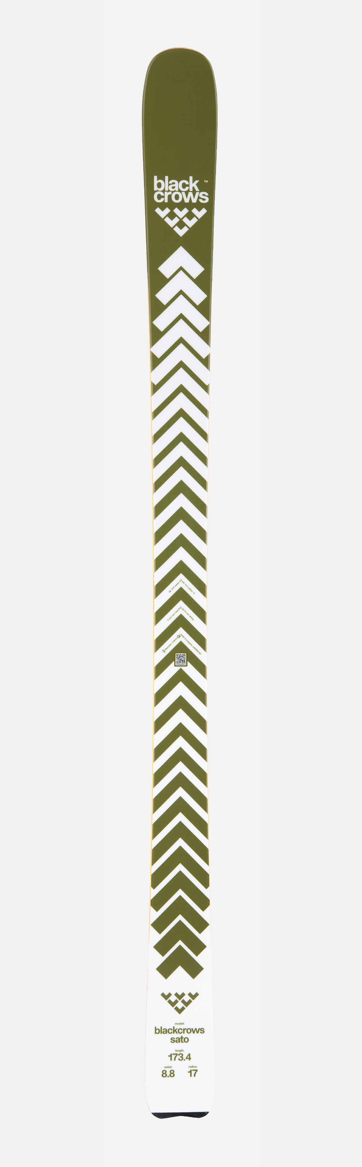 Ein Ski mit einem olivgrünen und weißen Zickzack-Muster auf einem weißen Hintergrund. Das Markenlogo "black crows" ist oben und unten zu sehen.