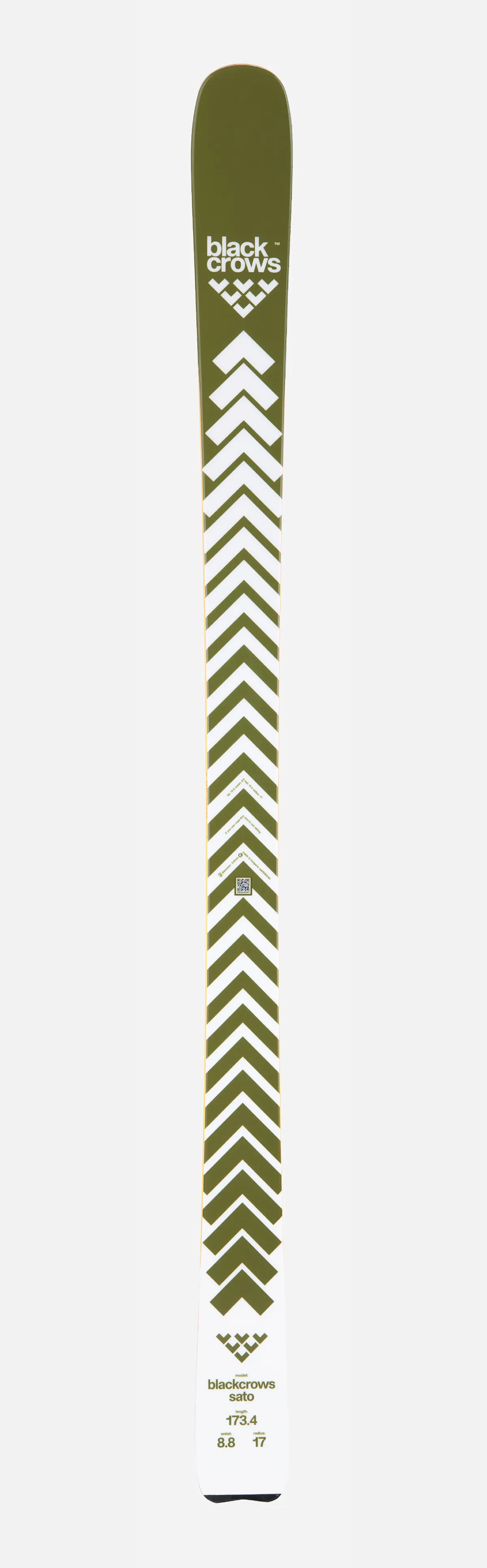 Sci con motivo a zig zag verde oliva e bianco su sfondo bianco. Il logo del marchio "Black Crows" è visibile in alto e in basso.