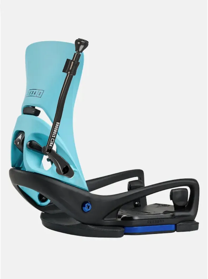 Turquoise-blue snowboard binding shown at an angle on a white background, right view. Turquoise highback with “LEXA X” supported by a black adjustment bar. Black base and straps with a small blue accent bolt. Sturdy and ready.