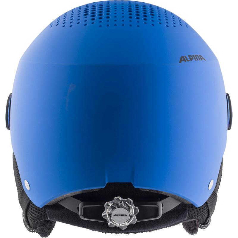 Casque de ski bleu mat Alpina Zupo Visor avec trous d'aération et molette de réglage de la taille, vue de face.