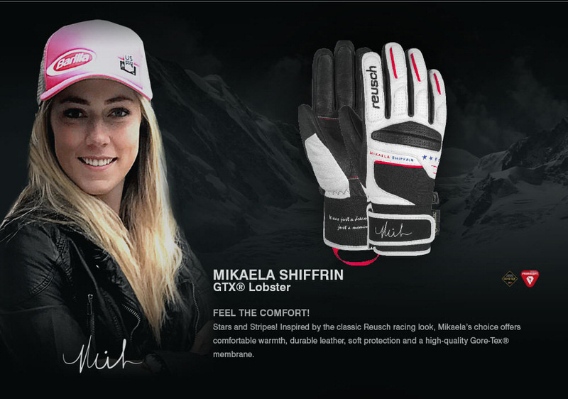 Reusch Gant Mikaela Shiffrin Reusch Gant Mikaela Shiffrin GTX à côté de Mikaela Shiffrin avec bonnet. Gant en cuir Gore-Tex en blanc, noir, rouge.