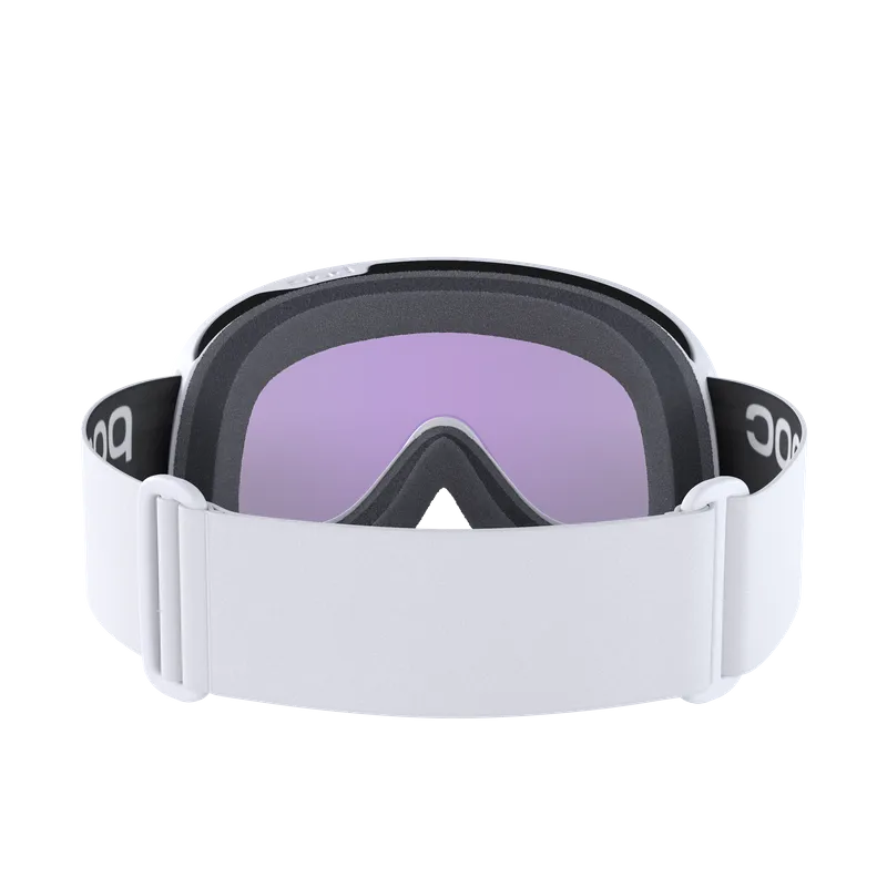 Vista frontale: maschera da sci POC Retina Mid bianca con lente viola e cinturino regolabile.